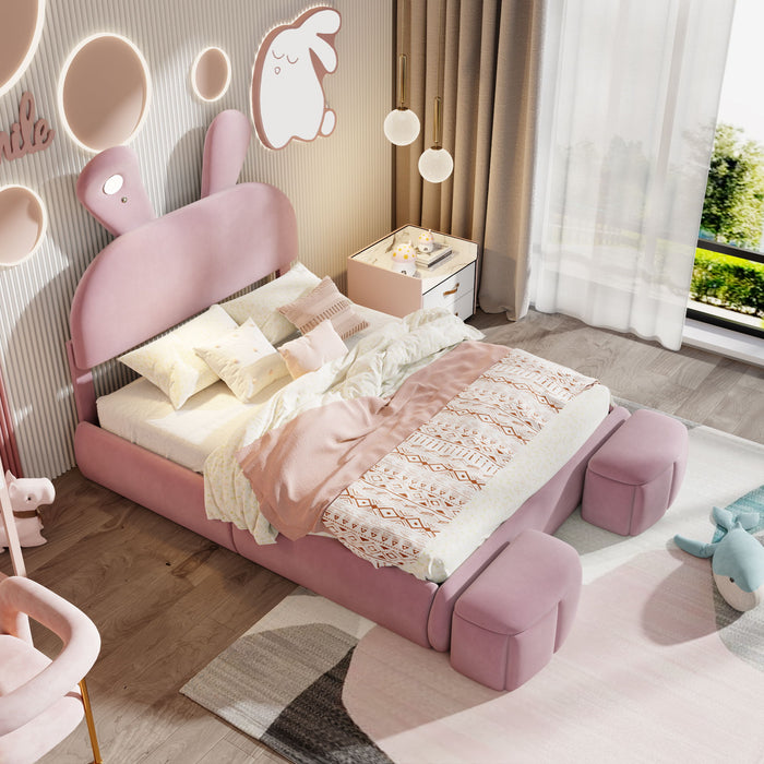 Full Upholstered Platform Bed With Cartoon Ears Headboard And LED Light - Pink