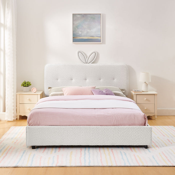 Upholstered Bed With Oversized Rabbit Ear Headboard, LED Lights & 4 Storage Drawers