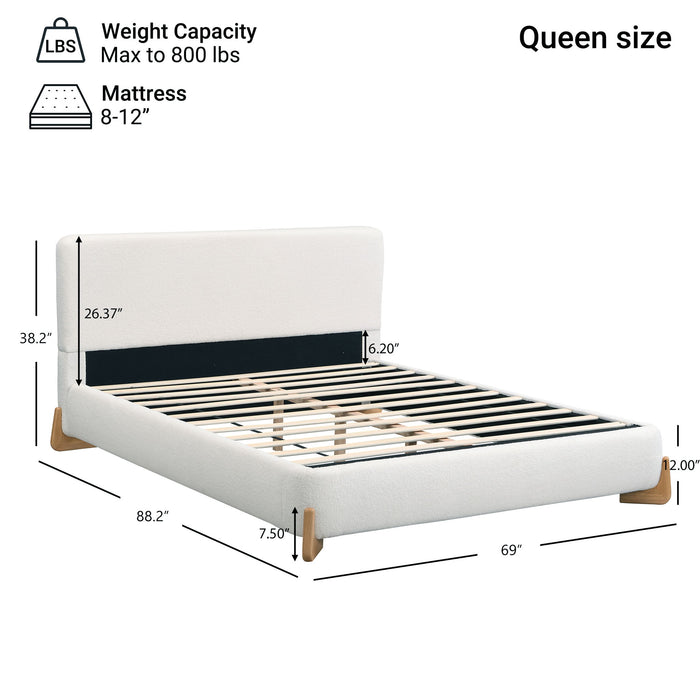 Queen Size Upholstered Bed With Slat Support - White