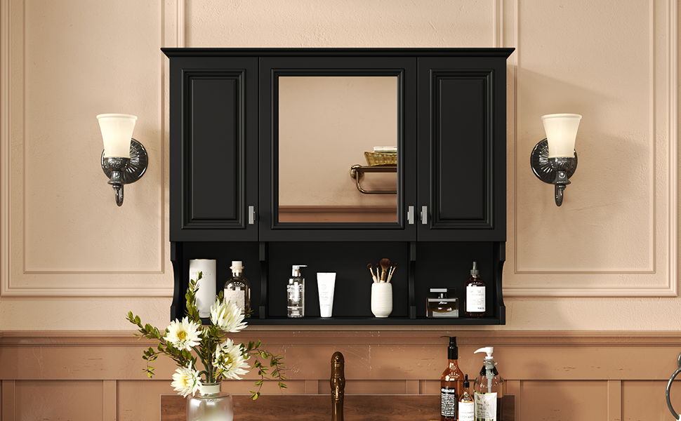 Wall Mounted Bathroom Medicine Wall Cabinet With Mirror & Open Shelves