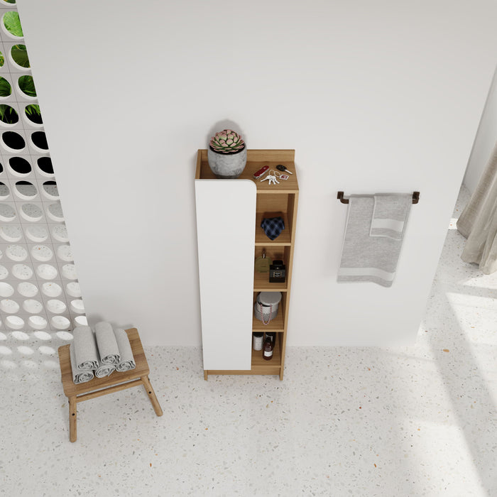 Tall Freestanding Bathroom Side Cabinet With Single Door & 4 Tier Open Shelves - Black / Light Oak / White