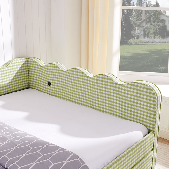 Gingham Daybed With USB Charging Port, Wave-Shaped Design