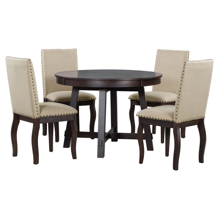 Round Extendable Dining Table Set With 4 Upholstered Chairs