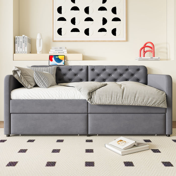 Twin Size Upholstered Daybed With 2 Storage Drawers And USB Charging Design - Gray