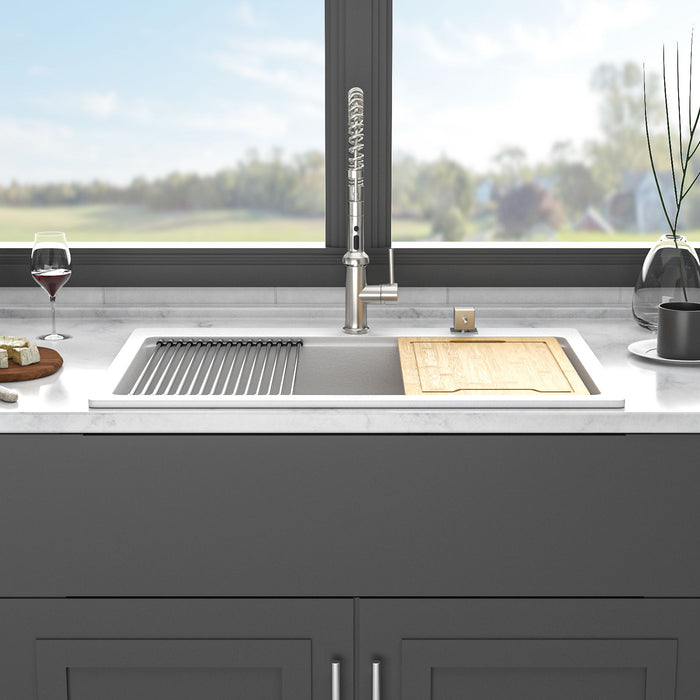 Granite Composite Quartz Kitchen Sink With Workstation Features And Drop In Design