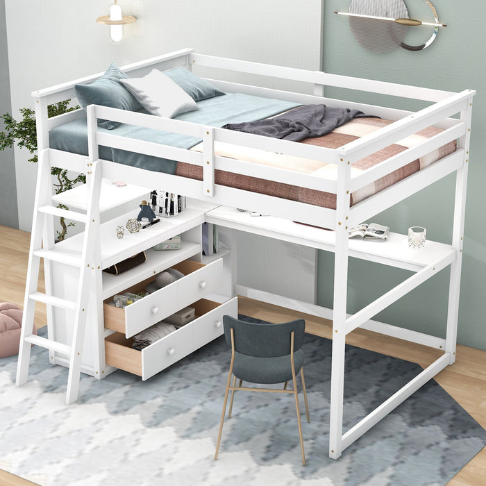 Modern Loft Bed With Built In Desk, Shelves, And 2 Drawers