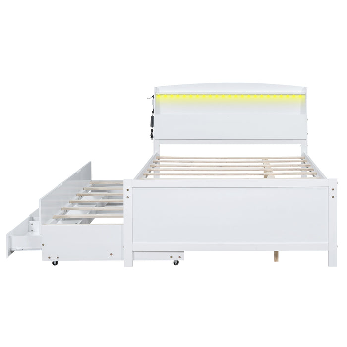 Full Size Platform Bed With Storage LED Headboard, Twin Trundle And 3 Drawers - White