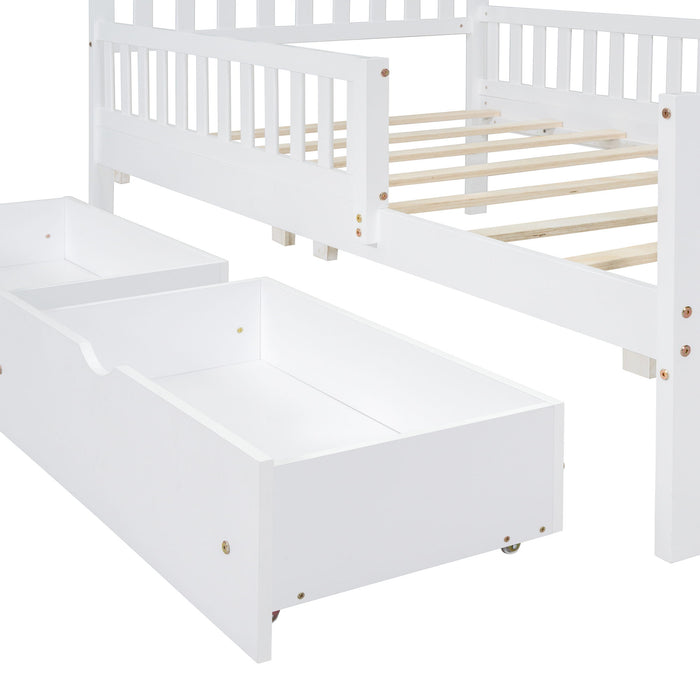 Platform Bed With Guardrails On Both Sides And 2 Storage Drawers