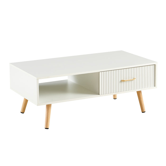Modern Rectangle Coffee Table With Legs, Sliding Drawer For Storage - White