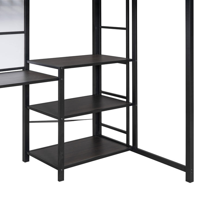 Metal Loft Bed With Desk, 3 Shelves And Ladder