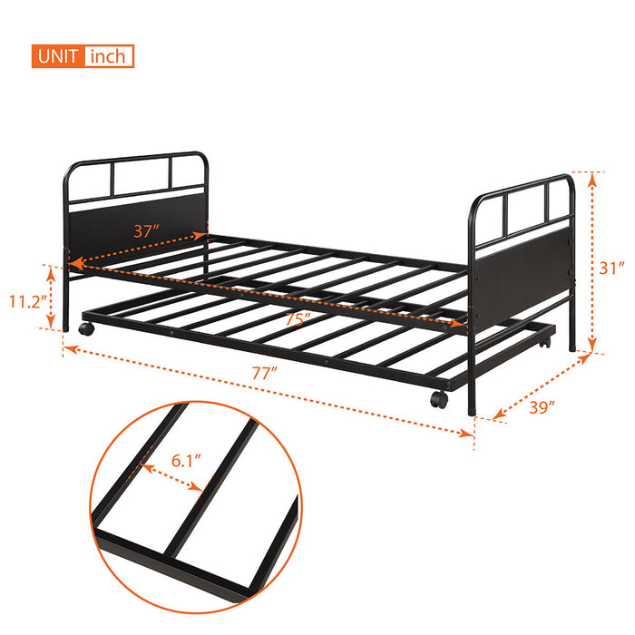 Twin Size Daybed Platform Bed Frame With Trundle Built In Casters - Black