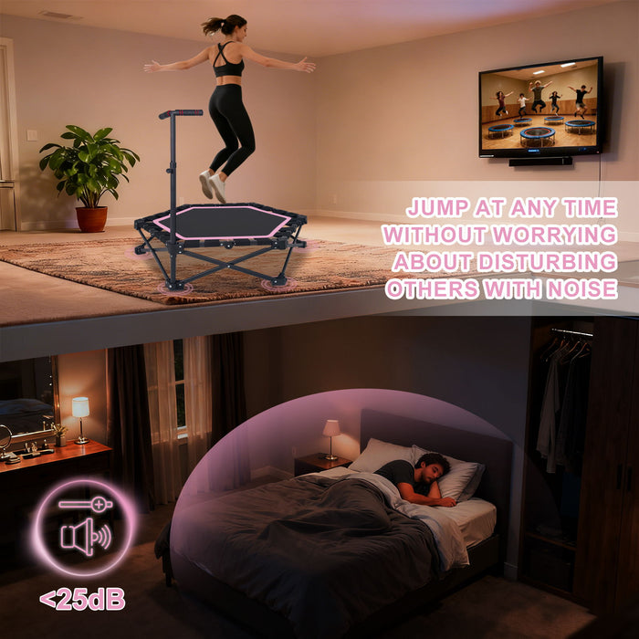 Foldable Mini Trampoline, 1 Step Fold & Open, 3 Level Adjustable T - Bar, Indoor & Outdoor Workout - Black / Pink