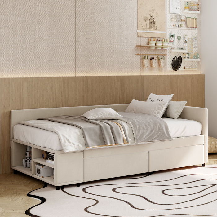 L Shaped Upholstered Platform Bed With Storage And Drawers