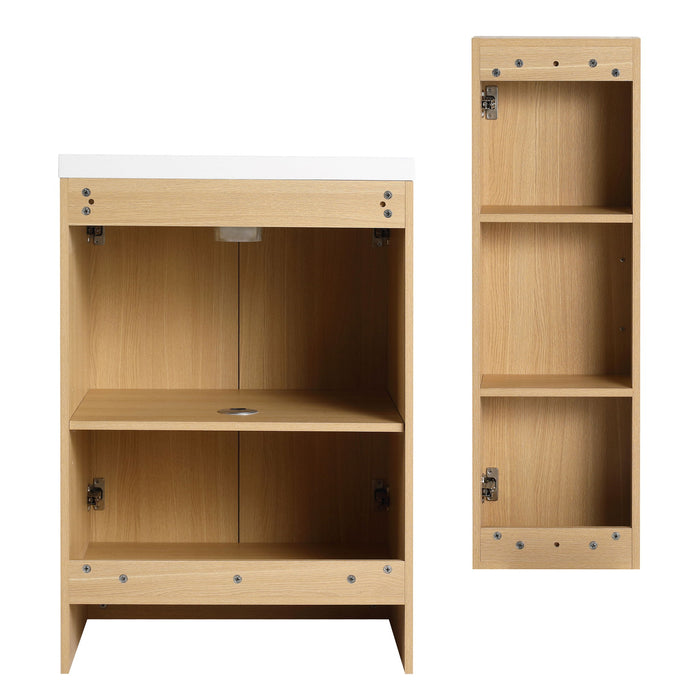 Freestanding Bathroom Vanity Set With Tall Linen Cabinet, Single Sink, Extra Storage, Soft Close Doors - Glossy White / Light Oak