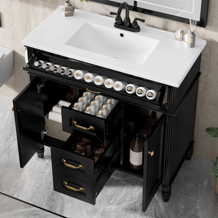 Bathroom Vanity With Sink, Flip-Out Top Drawer, Soft Close Doors, 2 Storage Drawers