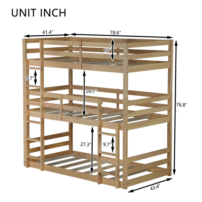 Twin Over Twin Over Twin Triple Bunk Bed With 2 Built In Ladders, Guardrails - Natural