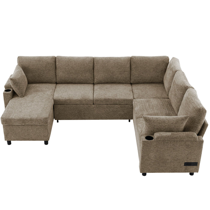 U-Shaped Sectional Sofa Bed With Storage, Charging Ports, And Cup Holders - Brown