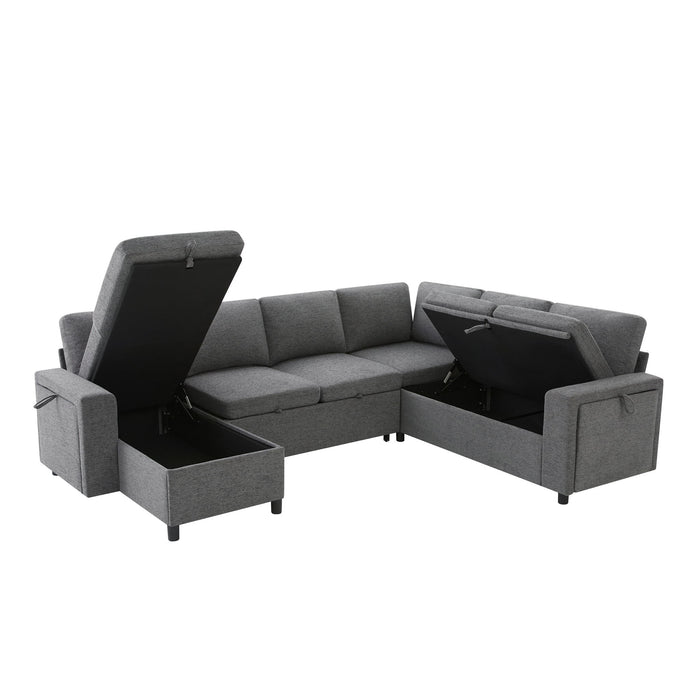 U - Shaped Convertible Sectional Sofa Bed With Storage, USB Charger & Cup Holders
