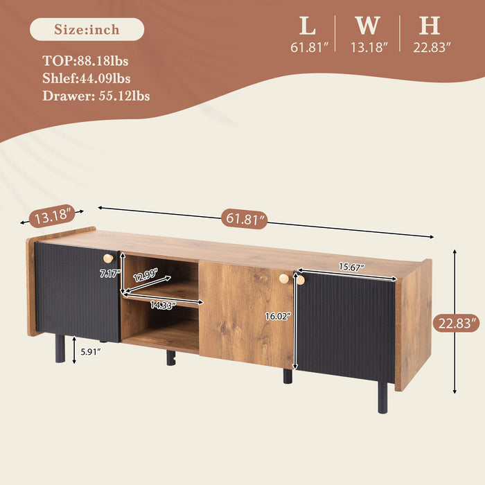 Mid Century TV Stand & 3 Cabinets, Media Console Table For Tvs Up To 70'', Entertainment Center With Storage For Living Room - Black / Brown