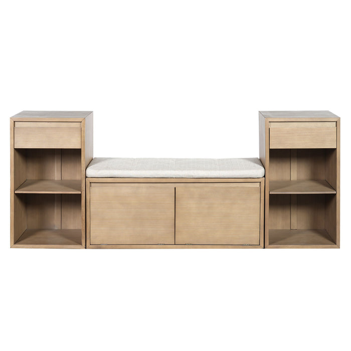 Entryway Storage Bench With Cushion, Drawers & Open Shelves