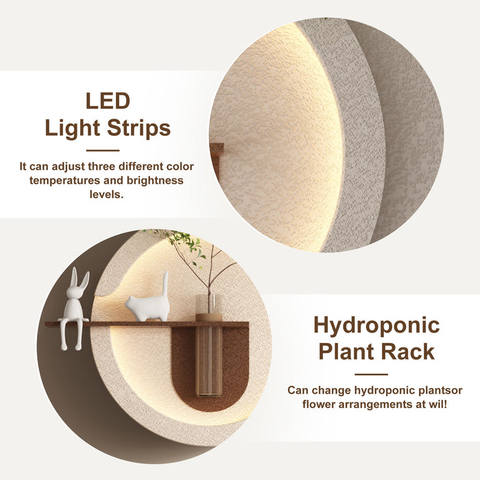 Adjustable 3 Color LED Sandstone Double Disc Wall Art With Simulated Greenery, Vase & Rabbit Statue - Light Coffee