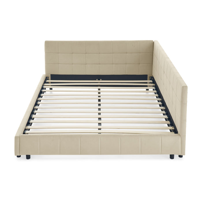 Mid-Century Storage Upholstered Tufted Bed Frame With Backrest And Armrests