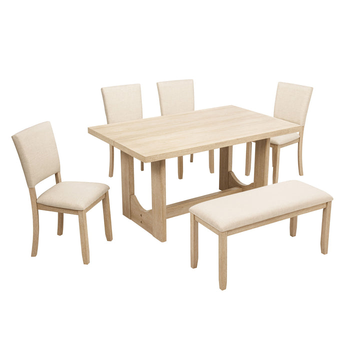 6 Piece Rectangular Kitchen Table Set With Bench And 4 Upholstered Chairs For Kitchen - Light Oak