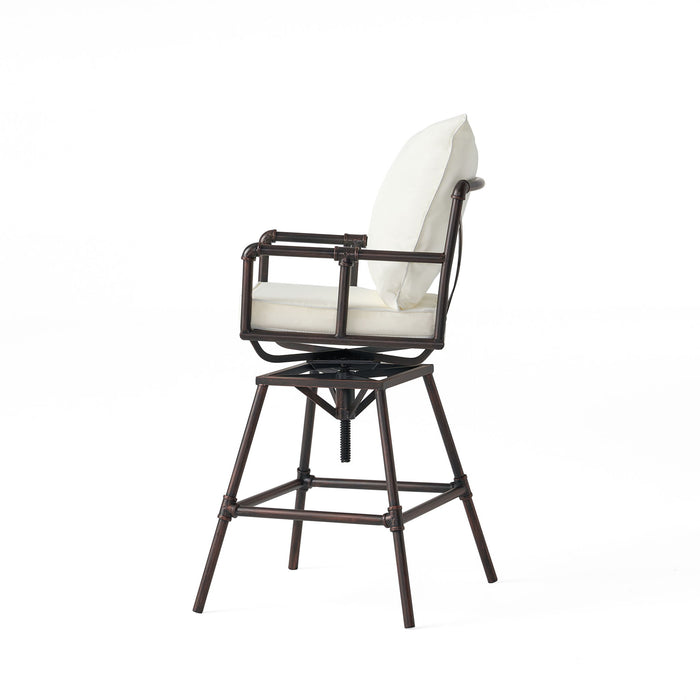 Industrial Outdoor Patio Plumber's Iron Frame Swivel Barstool With Cushions, Height Adjustable