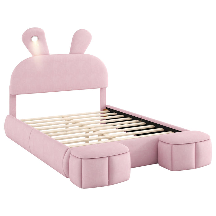 Full Upholstered Platform Bed With Cartoon Ears Headboard And LED Light - Pink