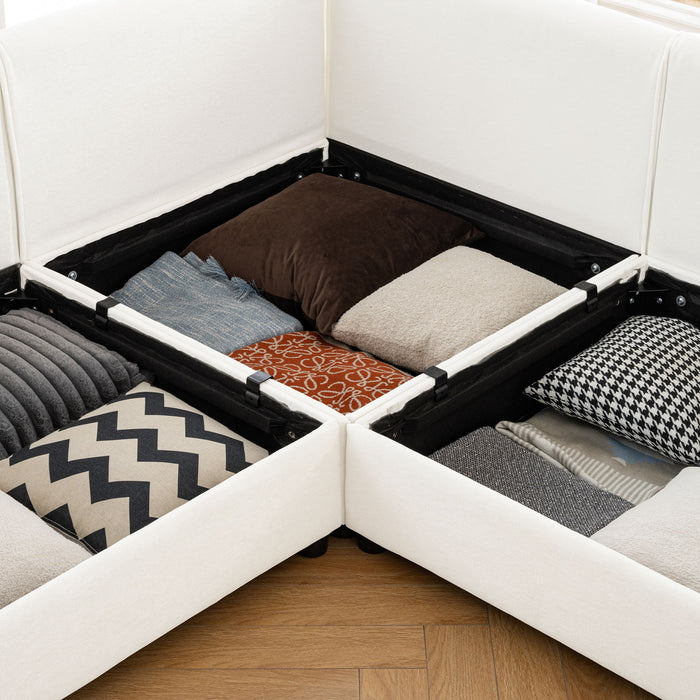 Contemporary Elegant White Chenille Sofa With Storage And Ottoman