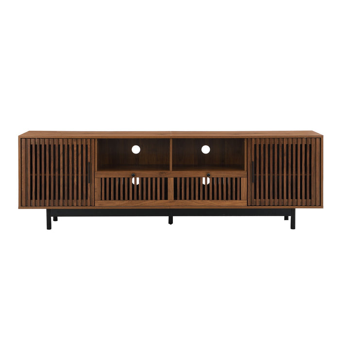 TV Stand, Entertainment Center With Slatted Doors, Cable Management, Soft Closing Hinges - Walnut