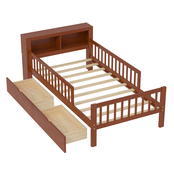 Bed With Headboard Storage Rack, 2 Under Bed Drawers, 3 Side Guardrails For Safety