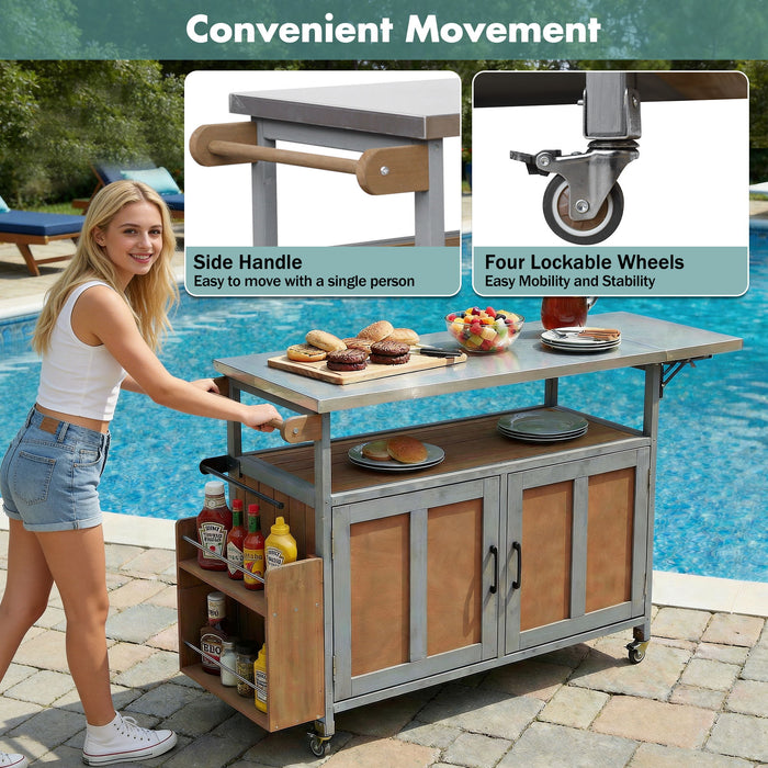 Foldable Outdoor Kitchen Island With Lockable Wheels, Storage Cabinet And Towel Rack For Patio