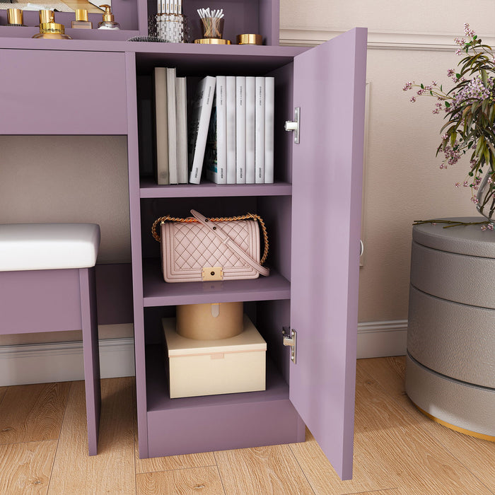 Vanity Desk Set With Padded Stool And Adjustable LED Mirror, 3 Color Light Modes - Purple