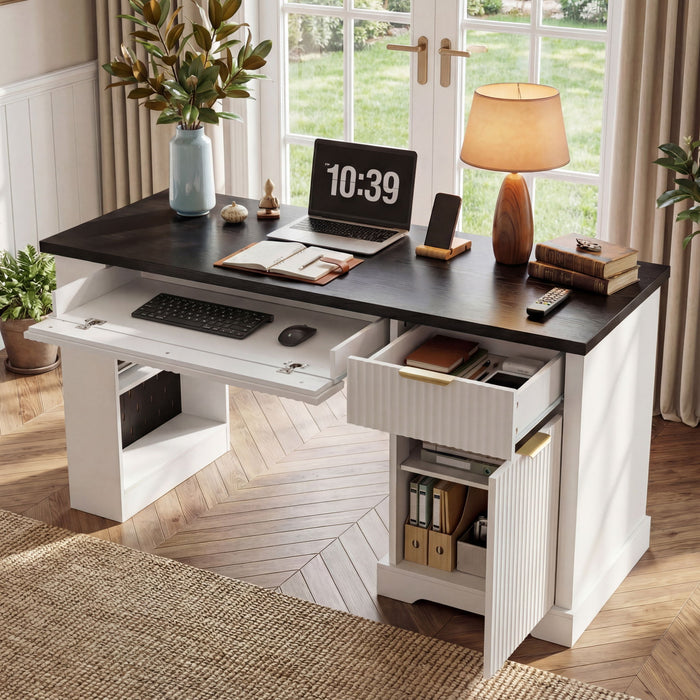 Modern Fluted Office Desk With Storage Cabinet