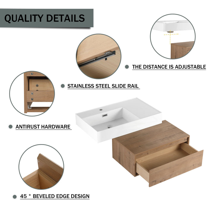 Modern Wall Mounted Bathroom Vanity With Resin Sink And Soft Close Drawer In Imitative - Imitative Oak
