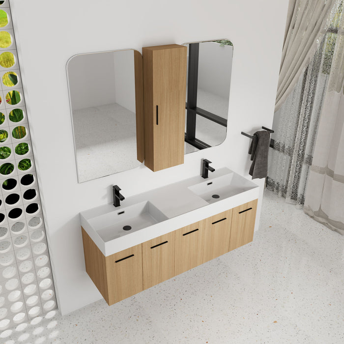 Floating Double Sink Bathroom Vanity Set With Tall Linen Cabinet, Extra Large Storage, Integrated Sink, Soft Close Doors - Glossy White / Light Oak