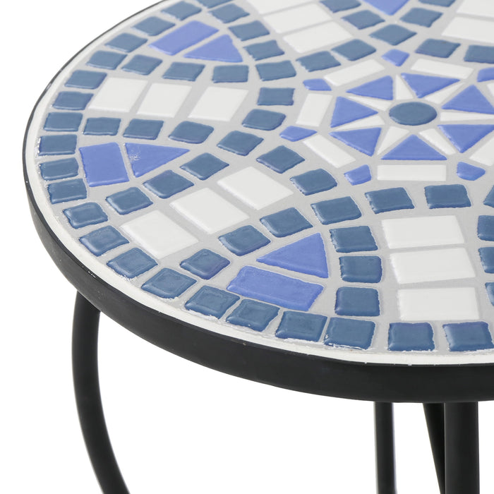 Outdoor Round Side Table With Mosaic Style Top And Curved Iron Legs - Blue / Matte Black