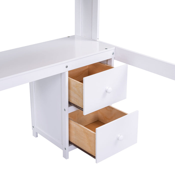 Full Size Loft Bed With Desk, Cabinets, Drawers, Charging Station And Bedside Tray, Sturdy Frame, No Box Spring Required - White