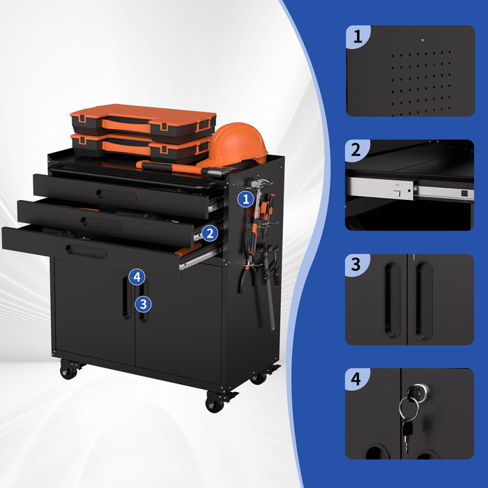 Rolling Tool Cabinet Heavy Duty Garage Storage With Lockable Doors & Drawers