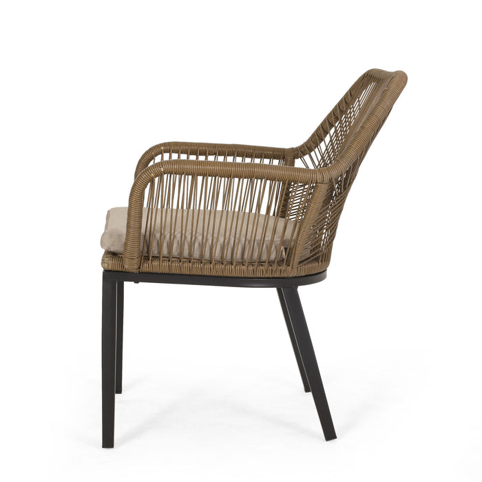 Modern Wicker Dining Club Chair With Water Resistant Cushions - Brown / Beige