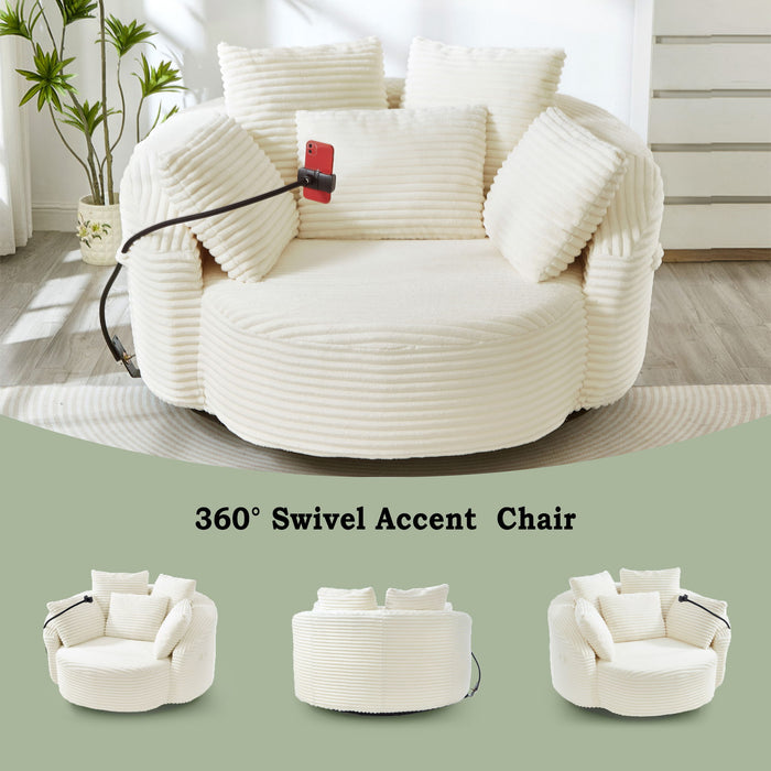 Swivel Accent Barrel Chair With Adjustable Phone Holder, 5 Pillows For Living Room