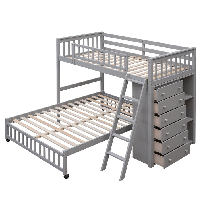 Bunk Bed With 6 Drawers And Flexible Shelves, Bottom Bed With Wheels