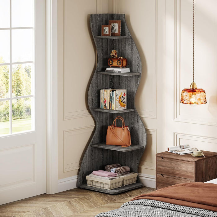 5 Tier Wavy Corner Bookshelf And Plant Stand For Living Room