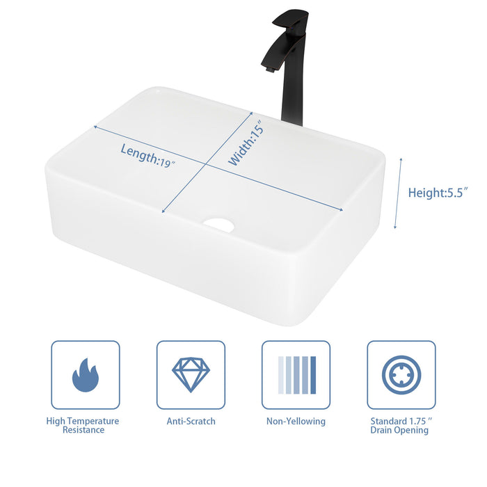 Above Porcelain Vessel Vanity Sink And Faucet Combo, 19" X 15" - White