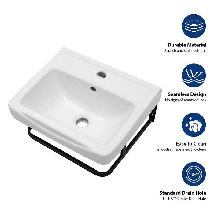 Wall Mounted Bathroom Sink With Towel Bar & Overflow - White / Black