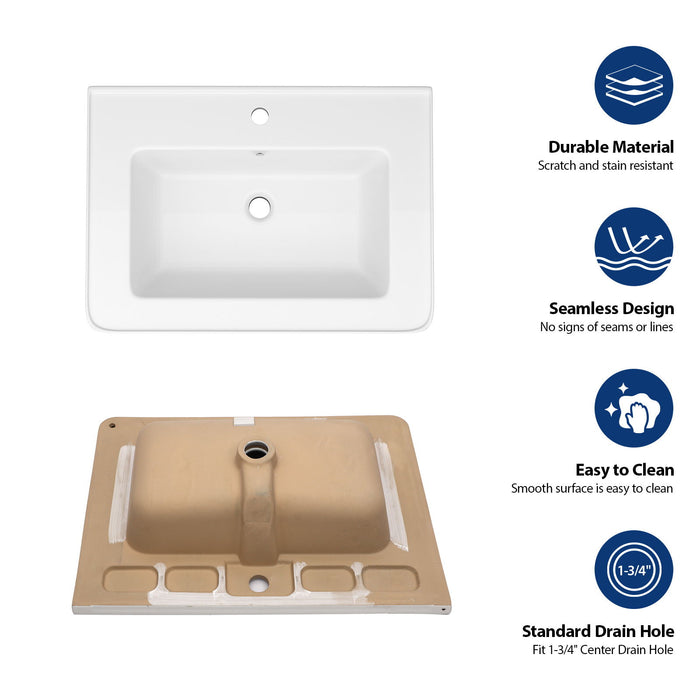 Rectangular Single Vanity Top With 1 Faucet Hole And Overflow, 28 X 19" - White
