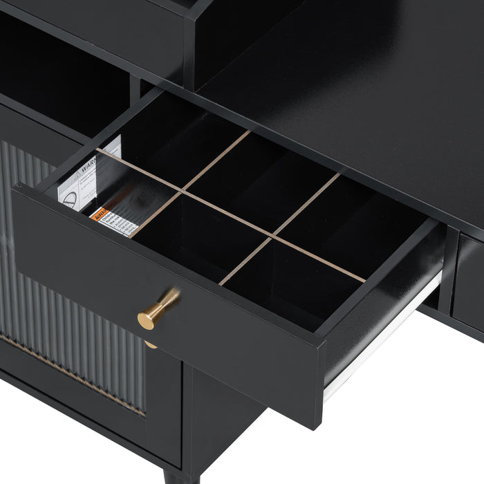 Modern Makeup Vanity Desk With Drawers Cabinet & Charging Port Engineered Wood Space Saving Design For Small Places - Black