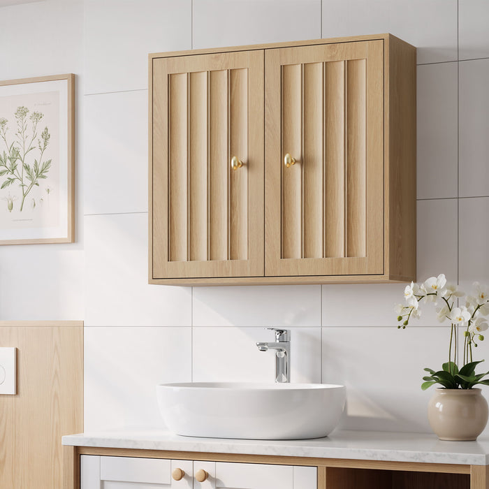Wall Mounted Bathroom Cabinet With Double Doors And Vertical Grooved Design For Bathrooms - Oak
