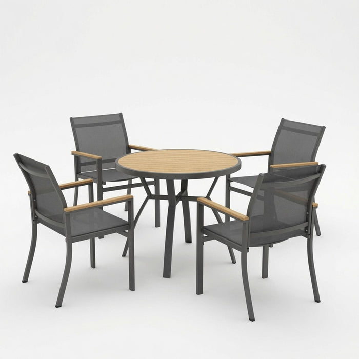 Gray Aluminum Patio Dining Set With Textilene Chairs, 5 Piece All Weather Round Table And 4 Seater For Garden, Deck, Or Porch